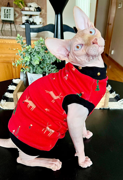 Sphynx Christmas Cat Clothes |  Golden Sparkle Red Christmas Style (Studded Neckline)