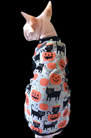 Sphynx Halloween Cat Clothing | Black Cat Pumpkin Gray (Studded Neckline) Style