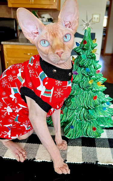Sphynx Christmas Cat Clothes | Red Deer (Studded Neckline) Style