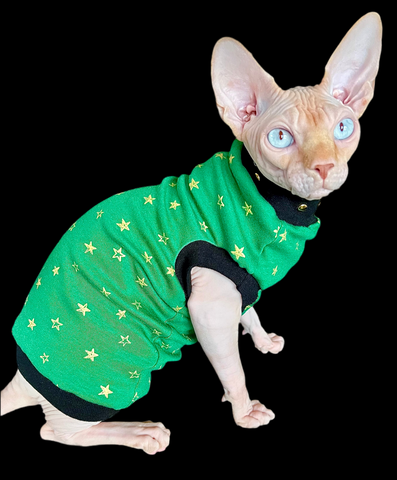 Sphynx Christmas Cat Clothes |  Green Golden Star Style (Studded Neckline)