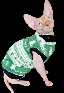 Sphynx Christmas Cat Clothes |  Fuzzy Winter Green Style (Micro Fleece) & (Studded Neckline)