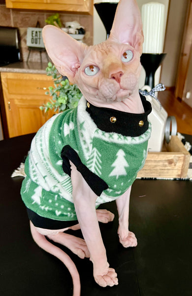 Sphynx Christmas Cat Clothes |  Fuzzy Winter Green Style (Micro Fleece) & (Studded Neckline)
