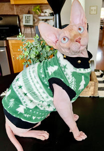 Sphynx Christmas Cat Clothes |  Fuzzy Winter Green Style (Micro Fleece) & (Studded Neckline)