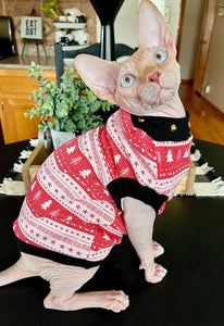Sphynx Christmas Cat Clothes |  Christmas Thermal Style (Studded Neckline)