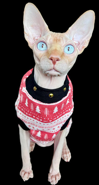 Sphynx Christmas Cat Clothes |  Christmas Thermal Style (Studded Neckline)