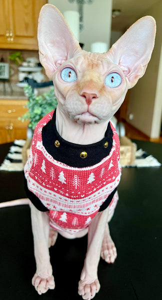 Sphynx Christmas Cat Clothes |  Christmas Thermal Style (Studded Neckline)