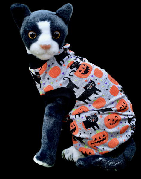 Sphynx Halloween Cat Clothing | Black Cat Pumpkin Gray (No Studs) Style