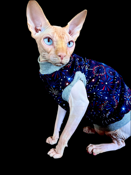 Sphynx Fourth Of July Cat Clothes | Fireworks Style