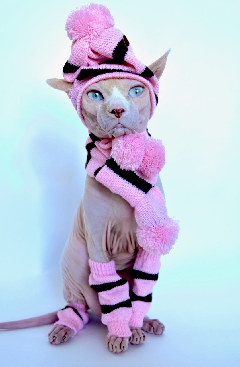 Sphynx Vibes Cat Hat | Scarf | Leg Warmers |  Pink/Black Style