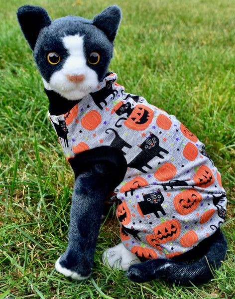 Sphynx Halloween Cat Clothing | Black Cat Pumpkin Gray (No Studs) Style