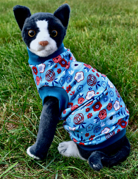Sphynx Fourth Of July Cat Clothes |  Red White & Blue Flowers Style