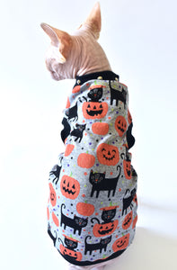 Sphynx Halloween Cat Clothing | Black Cat Pumpkin Gray (Studded Neckline) Style
